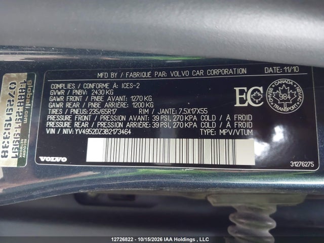 Aukcja sprzedaży 2011 Volvo Xc60 3.2, vin: YV4952DZ3B2173464, numer aukcji: 12726822
