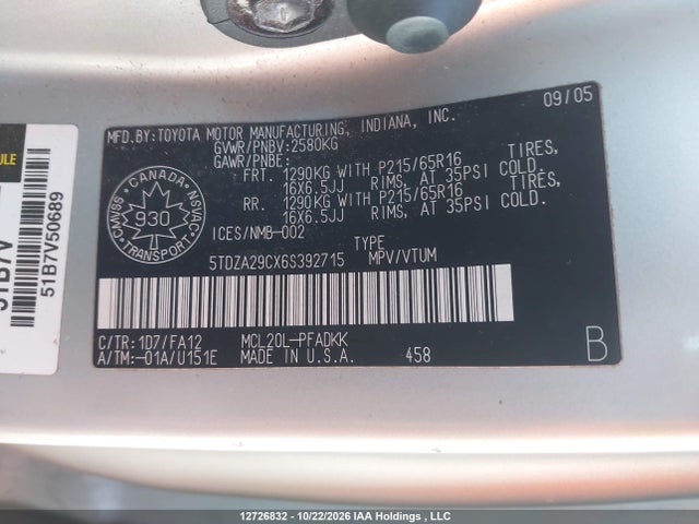 12726832 :رقم المزاد ، 5TDZA29CX6S392715 vin ، 2006 Toyota Sienna Ce مزاد بيع