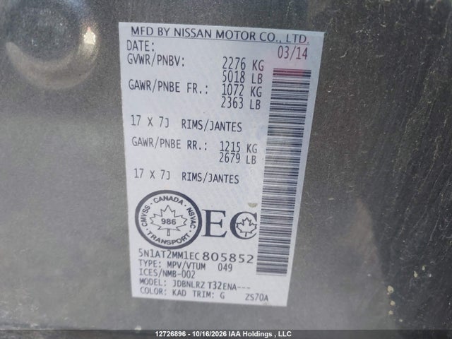 5N1AT2MM1EC805852 Nissan Rogue S/sl/sv