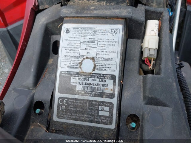 12726902 :رقم المزاد ، 3JBLKAU43KJ001836 vin ، 2019 Can-am Outlander Xt 850/xt-p 850 مزاد بيع