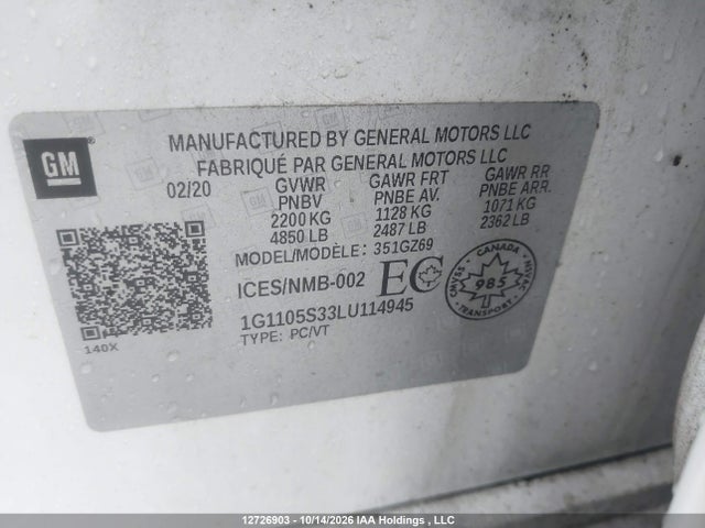 12726903 :رقم المزاد ، 1G1105S33LU114945 vin ، 2020 Chevrolet Impala Premier مزاد بيع