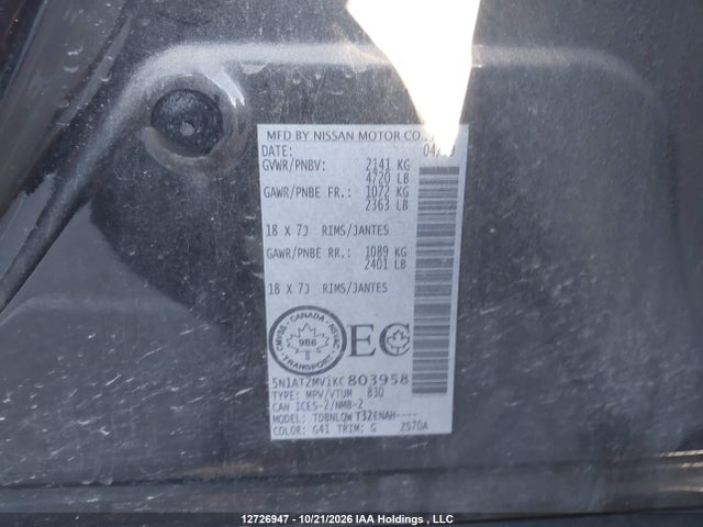 5N1AT2MV1KC803958 Nissan Rogue S/sl/sv