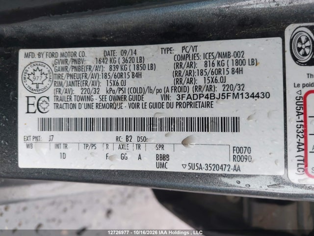 2015 Ford Fiesta Se მანქანა იყიდება აუქციონზე, vin: 3FADP4BJ5FM134430, აუქციონის ნომერი: 12726977