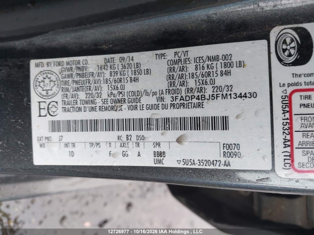2015 Ford Fiesta Se მანქანა იყიდება აუქციონზე, vin: 3FADP4BJ5FM134430, აუქციონის ნომერი: 12726977