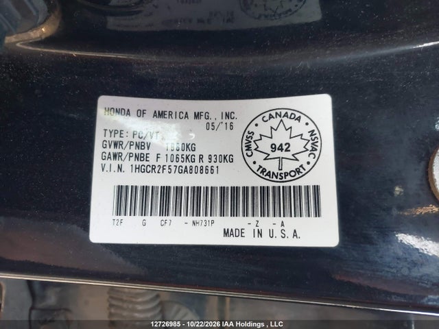 12726985 :رقم المزاد ، 1HGCR2F57GA808661 vin ، 2016 Honda Accord Sport مزاد بيع