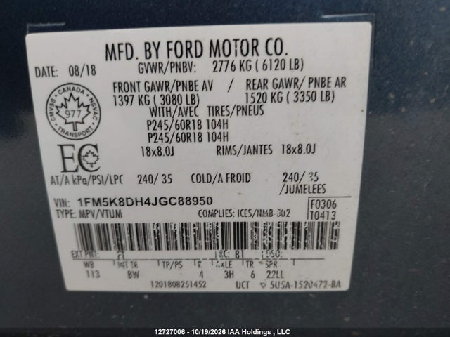 1FM5K8DH4JGC88950 Ford EXPLORER XLT