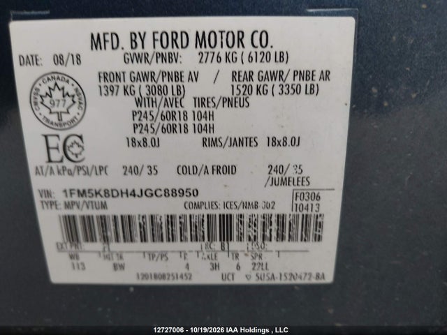 1FM5K8DH4JGC88950 Ford EXPLORER XLT