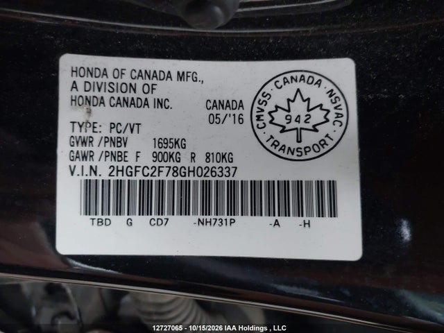 Aukcja sprzedaży 2016 Honda Civic Ex 4dr, vin: 2HGFC2F78GH026337, numer aukcji: 12727065