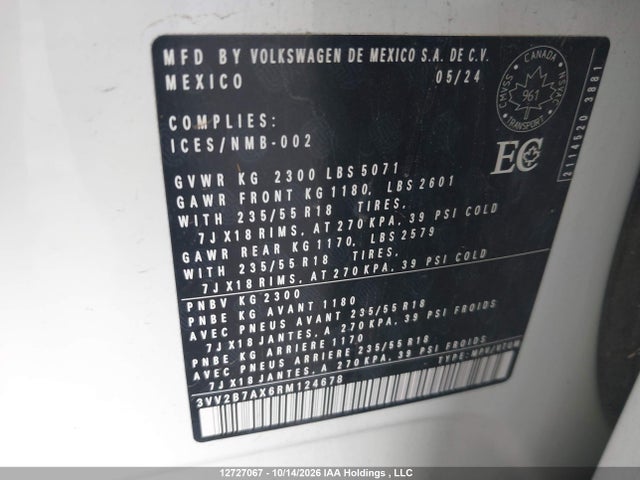 Aukcja sprzedaży 2024 Volkswagen Tiguan Se/wolfsburg, vin: 3VV2B7AX6RM124678, numer aukcji: 12727067