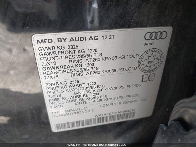 Aukcja sprzedaży 2022 Audi Q3, vin: WA1AECF31N1064228, numer aukcji: 12727111
