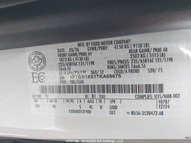 2026 Ford Transit T-250 მანქანა იყიდება აუქციონზე, vin: 1FTBR1X81TKA69675, აუქციონის ნომერი: 12727146