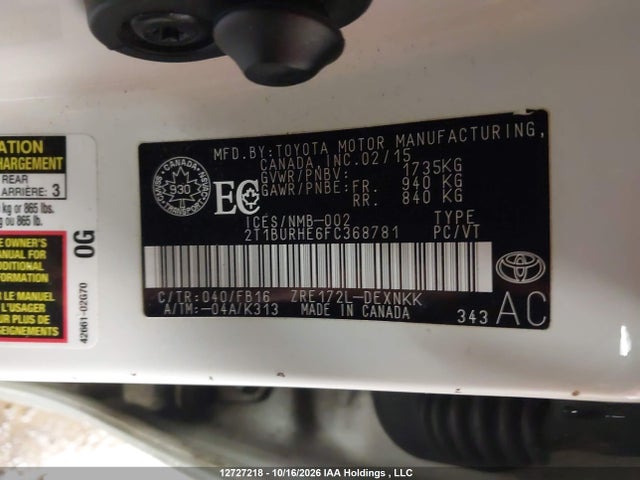 2T1BURHE6FC368781 Toyota COROLLA LE