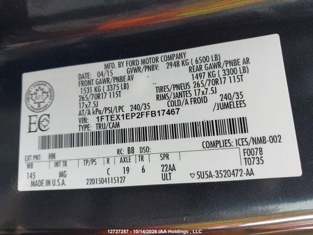 Продажа на аукционе авто 2015 Ford F150 Super Cab, vin: 1FTEX1EP2FFB17467, номер лота: 12727257