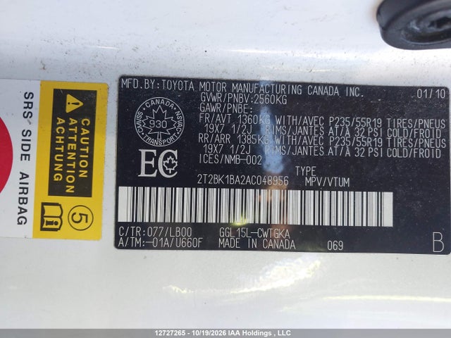 12727265 :رقم المزاد ، 2T2BK1BA2AC048956 vin ، 2010 Lexus Rx 350 مزاد بيع