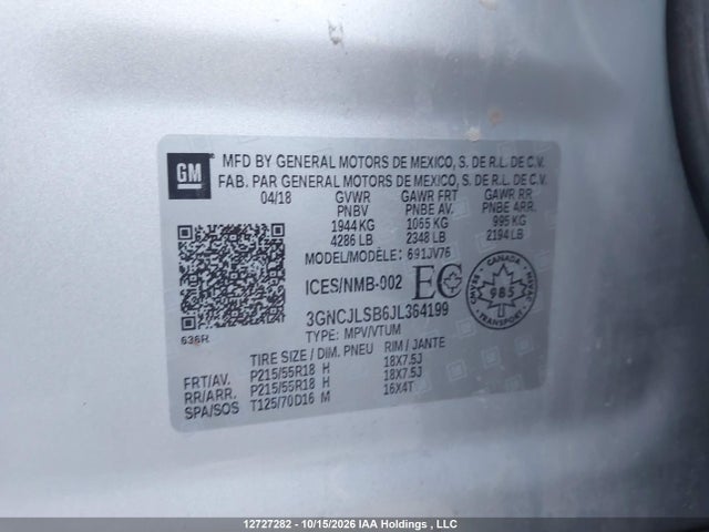 12727282 :رقم المزاد ، 3GNCJLSB6JL364199 vin ، 2018 Chevrolet Trax Lt مزاد بيع