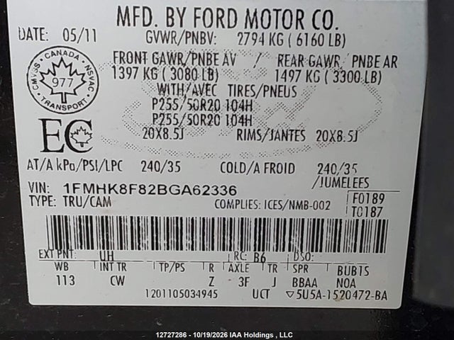 Продаж на аукціоні авто 2011 Ford Explorer Limited, vin: 1FMHK8F82BGA62336, номер лоту: 12727286