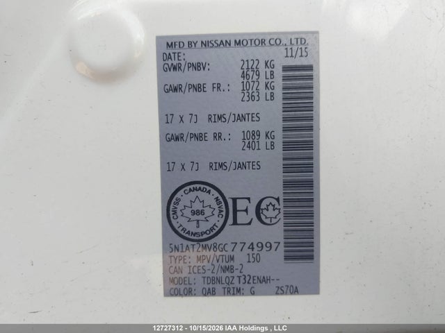 5N1AT2MV8GC774997 Nissan Rogue S/sl/sv