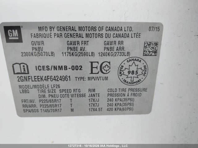 Auction sale of the 2015 Chevrolet Equinox, vin: 2GNFLEEK4F6424961, lot number: 12727316