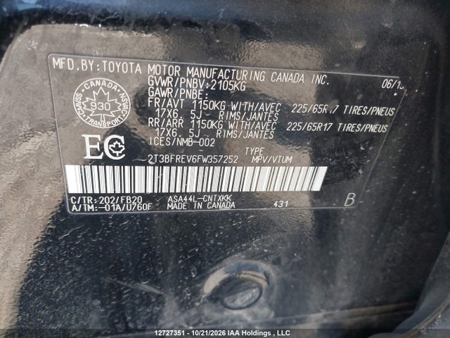 Продажа на аукционе авто 2015 Toyota Rav4 Le, vin: 2T3BFREV6FW357252, номер лота: 12727351