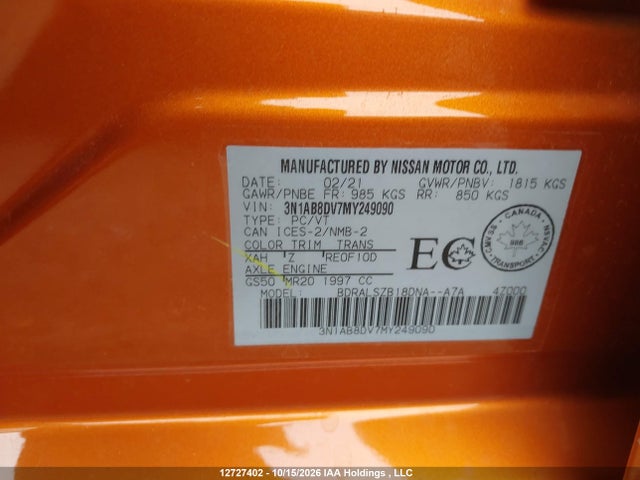 Продаж на аукціоні авто 2021 Nissan Sentra, vin: 3N1AB8DV7MY249090, номер лоту: 12727402