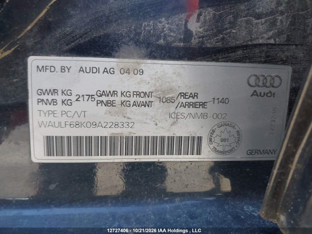 Продаж на аукціоні авто 2009 Audi A4 2.0t Standard, vin: WAULF68K09A228332, номер лоту: 12727406