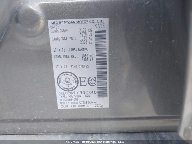 Nissan Rogue S/sl/sv 2015 5N1AT2MV7FC902340 Image 9