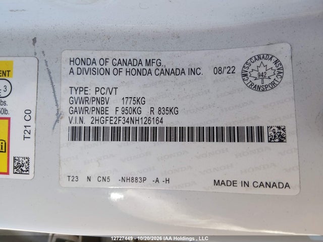 Honda CIVIC EX 2022 2HGFE2F34NH126164 Image 9