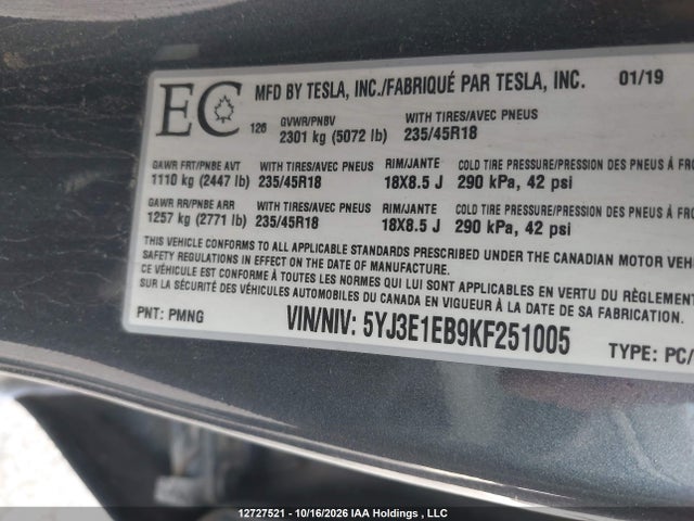 Aukcja sprzedaży 2019 Tesla Model 3 Long Range/performance, vin: 5YJ3E1EB9KF251005, numer aukcji: 12727521