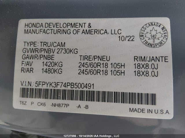 Honda Ridgeline Rtl-e 2023 5FPYK3F74PB500491 Image 9