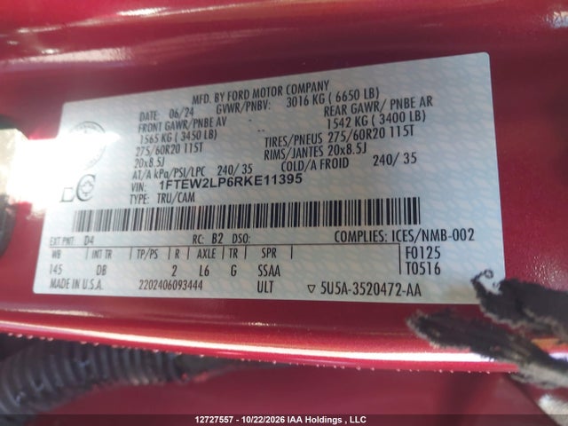 12727557 :رقم المزاد ، 1FTEW2LP6RKE11395 vin ، 2024 Ford F150 Stx مزاد بيع