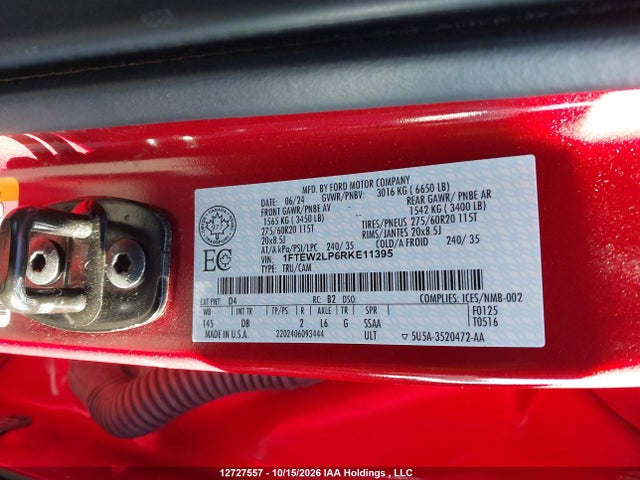 12727557 :رقم المزاد ، 1FTEW2LP6RKE11395 vin ، 2024 Ford F150 Stx مزاد بيع