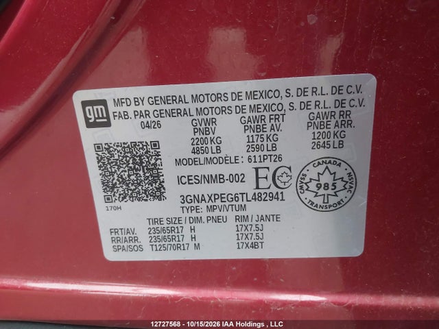 Продажа на аукционе авто 2026 Chevrolet Equinox Lt, vin: 3GNAXPEG6TL482941, номер лота: 12727568