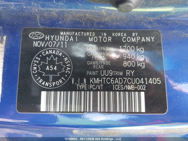 Aukcja sprzedaży 2012 Hyundai Veloster Tech, vin: KMHTC6AD7CU041405, numer aukcji: 12700603