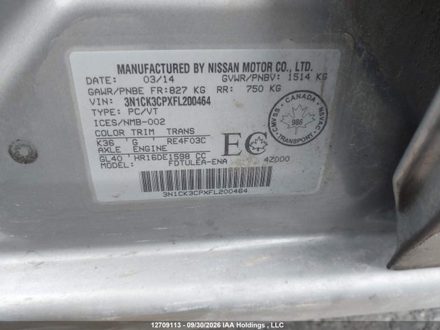 Aukcja sprzedaży 2015 Nissan Micra S/sr/sv, vin: 3N1CK3CPXFL200464, numer aukcji: 12709113