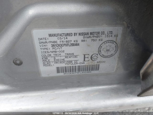 Aukcja sprzedaży 2015 Nissan Micra S/sr/sv, vin: 3N1CK3CPXFL200464, numer aukcji: 12709113
