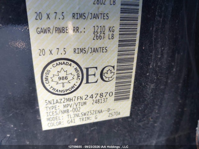 Aukcja sprzedaży 2015 Nissan Murano Platinum/sl/sv, vin: 5N1AZ2MH7FN247870, numer aukcji: 12709655