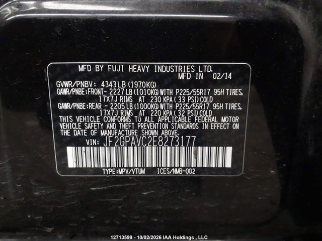 Subaru Xv Crosstrek 2.0i Premium 2014 JF2GPAVC2E8273177 Image 9