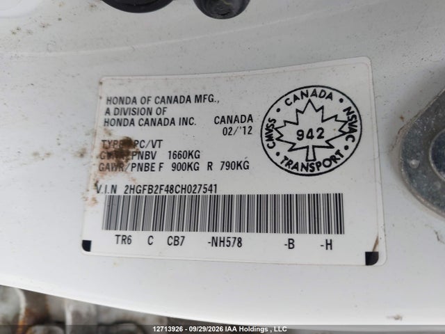 12713926 :رقم المزاد ، 2HGFB2F48CH027541 vin ، 2012 Honda Civic Lx مزاد بيع