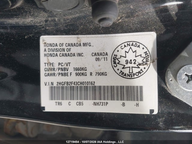Aukcja sprzedaży 2012 Honda Civic Lx, vin: 2HGFB2F43CH010162, numer aukcji: 12719454