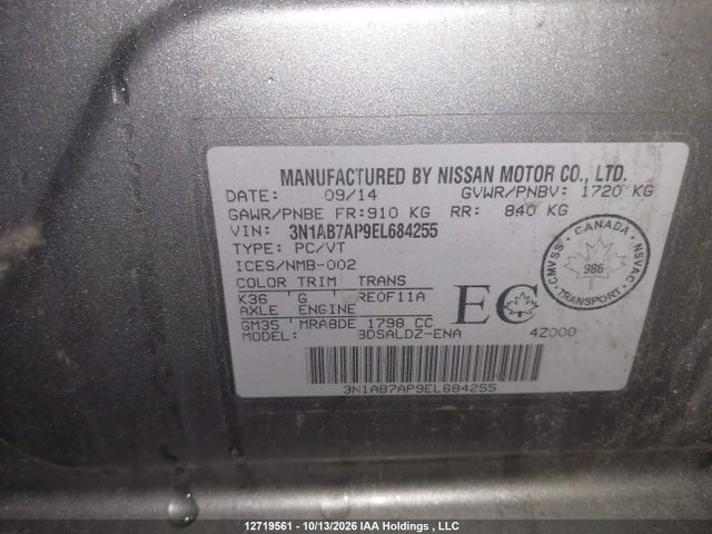 Aukcja sprzedaży 2014 Nissan Sentra 1.8 S/1.8 Sl/1.8 Sr/1.8 Sv, vin: 3N1AB7AP9EL684255, numer aukcji: 12719561