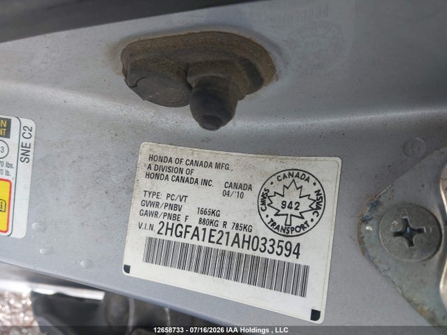12658733 :رقم المزاد ، 2HGFA1E21AH033594 vin ، 2010 Honda Civic Dx/dx-a مزاد بيع