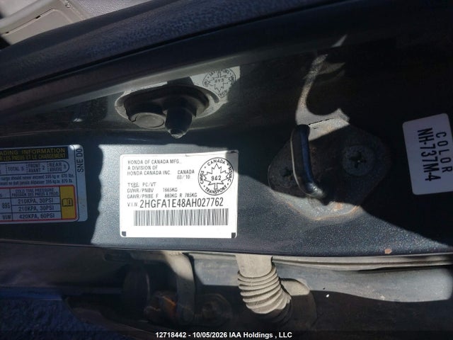 2010 Honda Civic Dx-g მანქანა იყიდება აუქციონზე, vin: 2HGFA1E48AH027762, აუქციონის ნომერი: 12718442