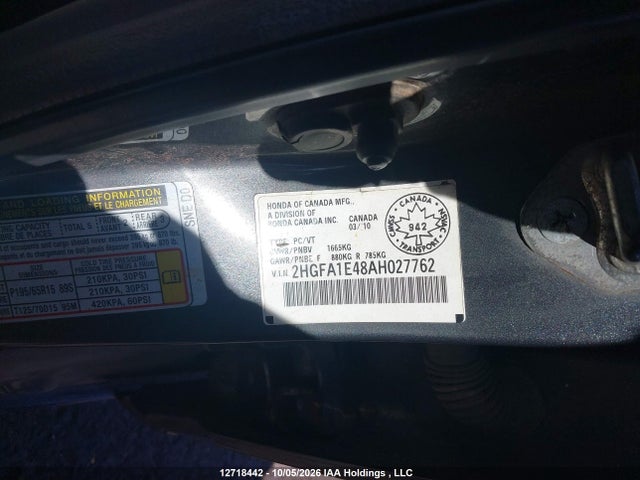 2010 Honda Civic Dx-g მანქანა იყიდება აუქციონზე, vin: 2HGFA1E48AH027762, აუქციონის ნომერი: 12718442