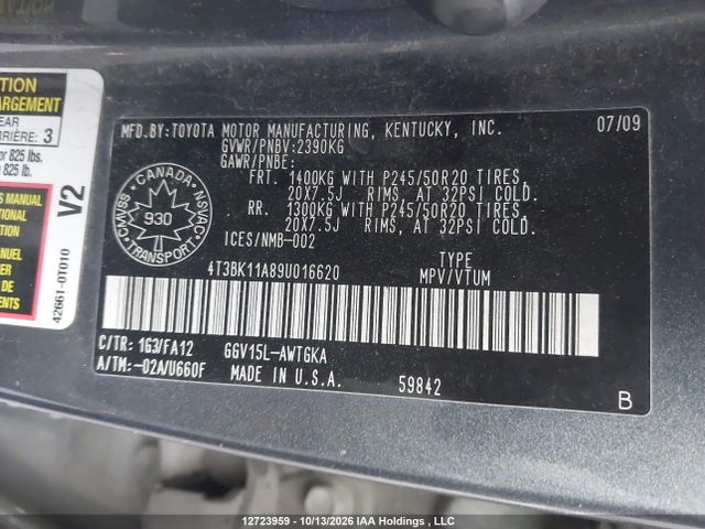 Aukcja sprzedaży 2009 Toyota Venza Base V6, vin: 4T3BK11A89U016620, numer aukcji: 12723959