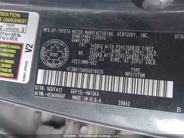 Aukcja sprzedaży 2009 Toyota Venza Base V6, vin: 4T3BK11A89U016620, numer aukcji: 12723959