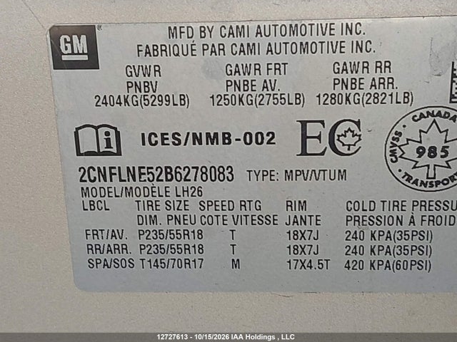 2011 Chevrolet Equinox Lt მანქანა იყიდება აუქციონზე, vin: 2CNFLNE52B6278083, აუქციონის ნომერი: 12727613