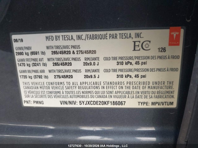 12727630 :رقم المزاد ، 5YJXCDE20KF186067 vin ، 2019 Tesla Model X 100d/75d/long Range/p100d/standard Range مزاد بيع