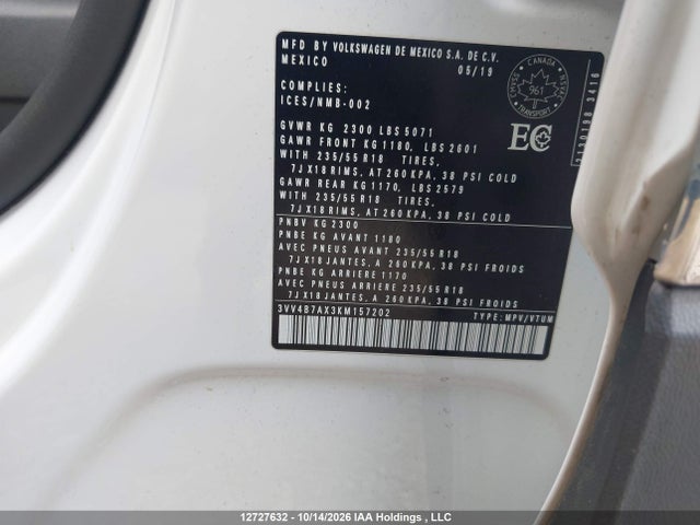 12727632 :رقم المزاد ، 3VV4B7AX3KM157202 vin ، 2019 Volkswagen Tiguan Highline مزاد بيع