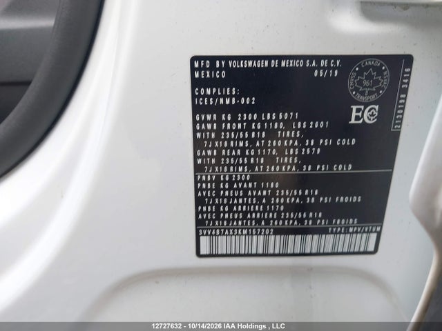 12727632 :رقم المزاد ، 3VV4B7AX3KM157202 vin ، 2019 Volkswagen Tiguan Highline مزاد بيع