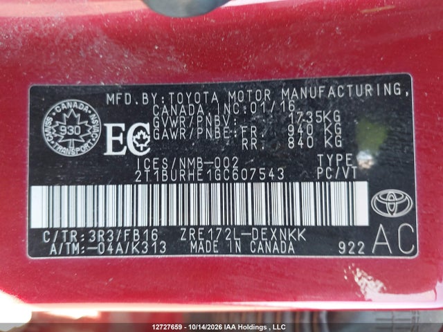 2T1BURHE1GC607543 Toyota COROLLA LE